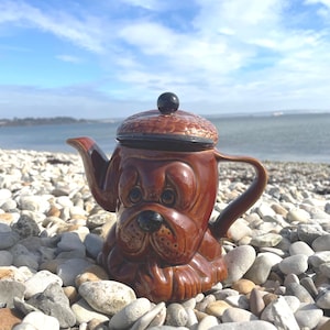Vintage Dog Teapot 1970s | Quirky P&J Brown Glazed Pot | Retro Kitsch Tea Decor