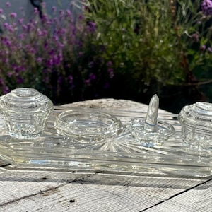Vintage Art Deco Glass Vanity Set: Sunburst Dish & Trinket Pots