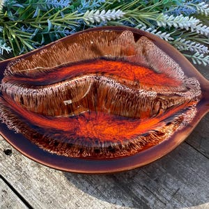 Vintage Leaf-Shaped Divided Dish – Mid-Century Brown and Orange Glazed Ceramic Serving Plate – Retro Tableware