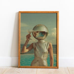 Plakat Disco Ball Head Beach Relax | Sztuka ścienna w stylu retro z lat 70. | Plakat Trendy House | Plakat Summer House | Sztuka dziewczęca w stylu vintage Preppy - luksus