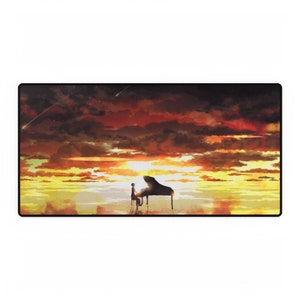 May include: A rectangular mouse mat depicting a piano and a person playing it, set against a vibrant sunset sky. The sky transitions from yellow to orange and red, with dark clouds and a shooting star.