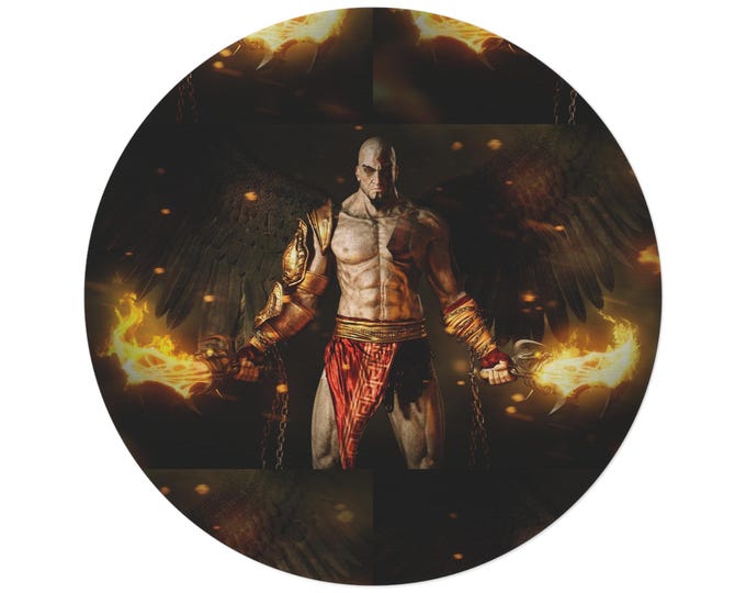 Kratos God Of War Round Rug, Decorative Graphic Design, 60" Polyester Chenille, Coated Backing, Hemmed Edges, Fun Home Decor, Area Rug, Room