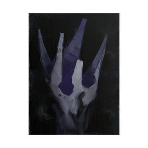May include: A vertical rectangular painting featuring a stylised, jagged crown shape in shades of light grey and deep purple. The crown is set against a solid, dark black background, with visible brushstrokes creating a textured, painterly effect.