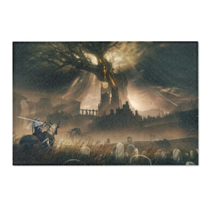 May include: A lone knight on horseback rides through a desolate landscape, a towering, skeletal tree dominates the background, its branches reaching towards a crumbling castle. The scene is bathed in a warm, golden light, creating a sense of both beauty and foreboding.