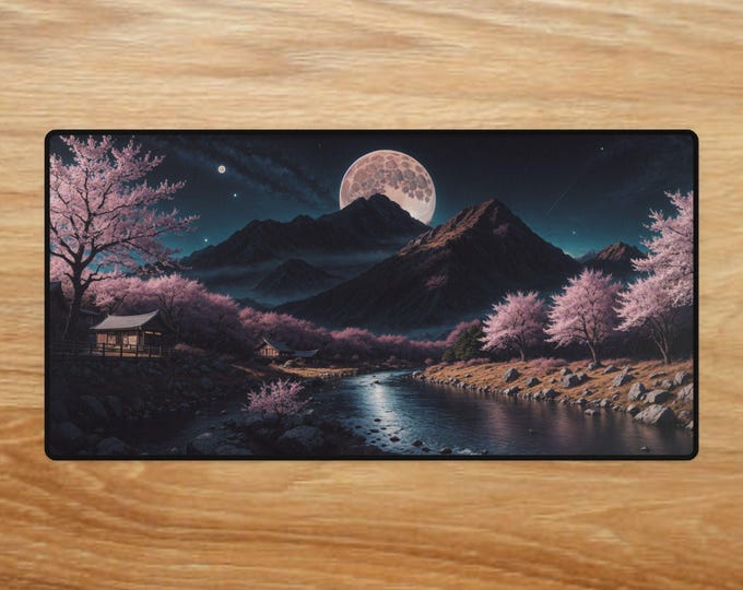 Moonlit Cherry Blossom Valley Desk Mats, Non-Slip Office or Gaming Mouse Pad, Desk Pad for Home Office, Smooth Surface Mat, Anti-Fray Edges,