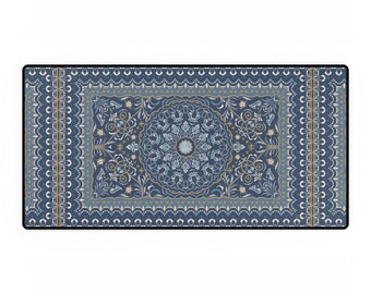 May include: Rectangular blue and beige patterned rug with a black border. The rug features a central medallion design surrounded by floral and geometric patterns. The color palette includes shades of blue, beige, and white.