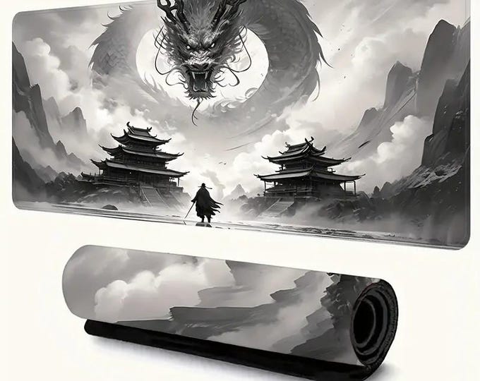 Chinese-Inspired Dragon Desk Mat - Non-Slip Rubber Base for Gaming and Office Use, Landscape Art Mouse Pad, Scratch and Stain Resistant,