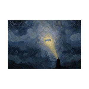 May include: A painting of Batman silhouetted against a swirling night sky, with a bright yellow spotlight shining down from above. The spotlight illuminates the bat symbol. The artwork is in a style similar to Van Gogh's, with swirling brushstrokes.