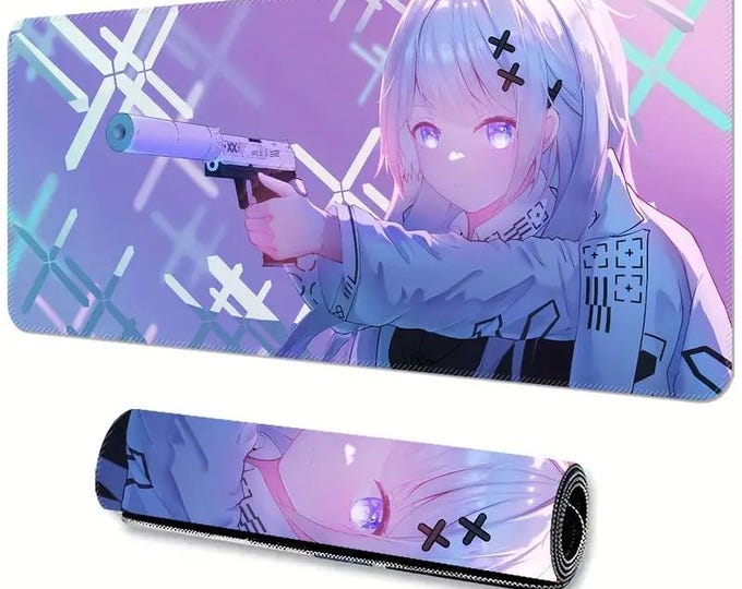 Gaming Mouse Pad, Anime Girl with Gun Design Desk Mat for Gamers and Office Use, Large Extended Non-Slip Rubber Base, Precision Edging,