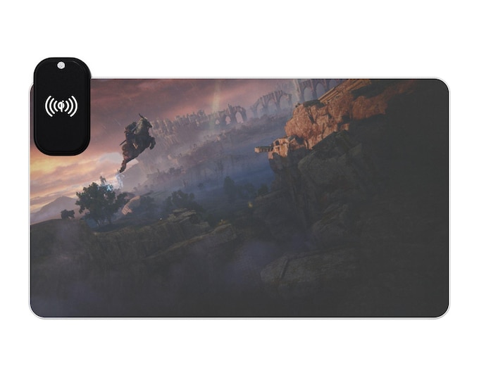 Gaming Mouse Pad, Elden Ring Wireless Charging, Anime Artwork Desk Mat, RGB LED Light Strip, Non-Slip Base, Qi Compatible, Custom Design,