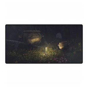 Puede incluir: Una escena de bosque oscuro con dos ollas de barro, una grande y otra pequeña, iluminadas por una sola vela. Las ollas están decoradas con intrincados patrones y están rodeadas de exuberante vegetación.