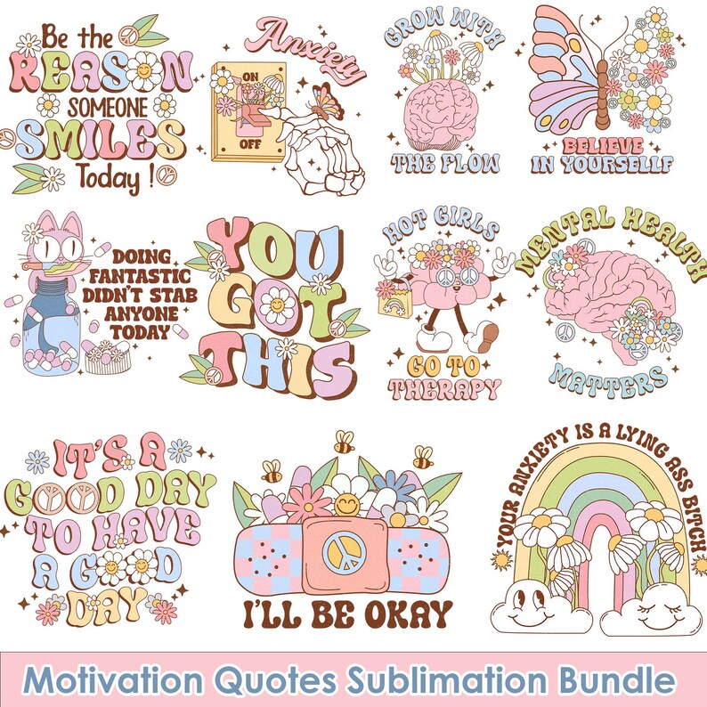 Retro Inspirational Quotes PNG Bundle, Mental Health Png Bundle ...