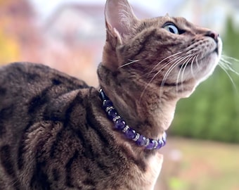 Cat Crystal Necklace, Cat Collar Crystal, Amethyst Cat Necklace, Cat Gift For Cat Lovers, Pet Gift For Cat, Breakaway Collar Cat, Pet Collar