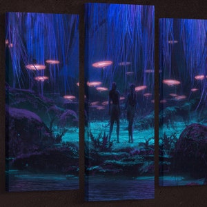 May include: A digital art print of a fantasy forest scene with two figures standing in the center. The forest is filled with glowing pink mushrooms and blue light. The figures are silhouetted against the light.