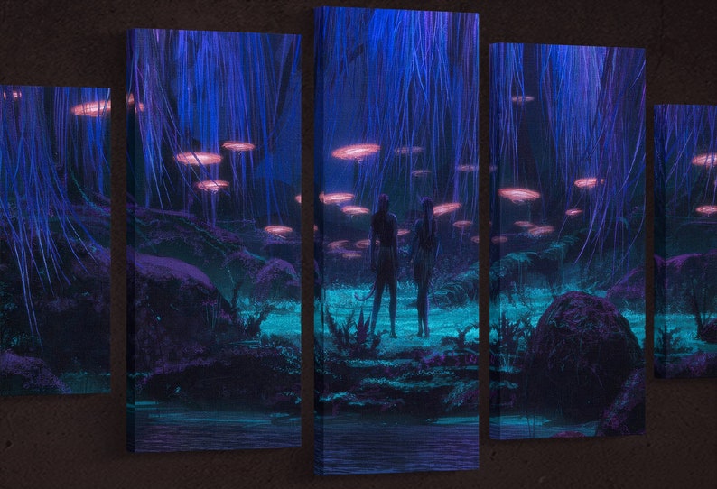 May include: A digital art print of a fantasy forest scene with two figures standing in the center. The forest is filled with glowing pink mushrooms and blue light. The figures are silhouetted against the light.
