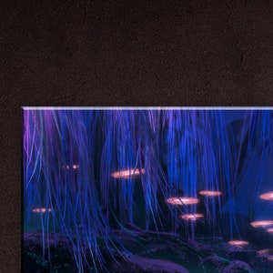 May include: A dark blue and purple fantasy landscape with glowing pink and white bioluminescent mushrooms. The scene is lit by a soft, ethereal glow.