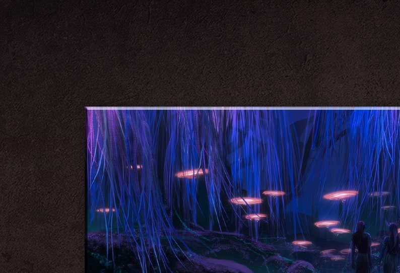 May include: A dark blue and purple fantasy landscape with glowing pink and white bioluminescent mushrooms. The scene is lit by a soft, ethereal glow.
