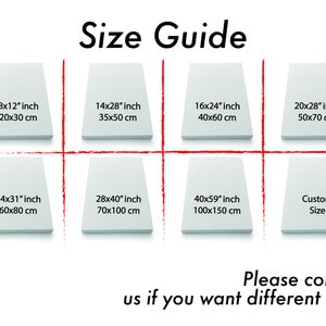 Pode incluir: Guia de tamanhos para impress&otilde;es em tela personalizadas. Escolha entre seis tamanhos padr&atilde;o: 8x12 polegadas (20x30 cm), 14x28 polegadas (35x50 cm), 16x24 polegadas (40x60 cm), 20x28 polegadas (50x70 cm), 24x31 polegadas (60x80 cm) e 28x40 polegadas (70x100 cm). Voc&ecirc; tamb&eacute;m pode pedir um tamanho personalizado.