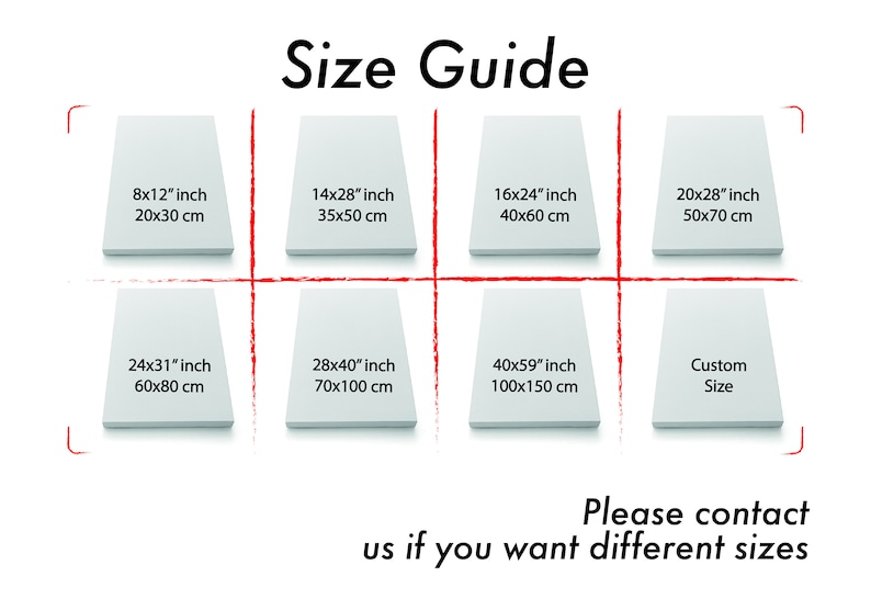Pode incluir: Guia de tamanhos para impress&otilde;es em tela personalizadas. Escolha entre seis tamanhos padr&atilde;o: 8x12 polegadas (20x30 cm), 14x28 polegadas (35x50 cm), 16x24 polegadas (40x60 cm), 20x28 polegadas (50x70 cm), 24x31 polegadas (60x80 cm) e 28x40 polegadas (70x100 cm). Voc&ecirc; tamb&eacute;m pode pedir um tamanho personalizado.