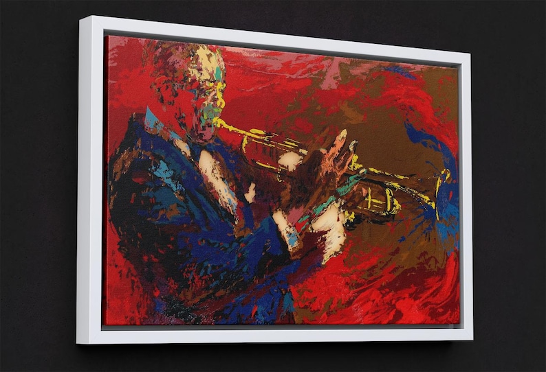 Pode incluir: Uma pintura abstrata colorida de uma pessoa tocando trompete. A pintura &eacute; feita em um estilo ousado com cores brilhantes e pinceladas grossas. A pessoa est&aacute; vestindo uma jaqueta azul e tocando trompete com a m&atilde;o direita. O fundo &eacute; uma mistura de vermelho, laranja e amarelo.