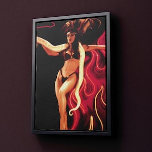 May include: A painting of a woman in a red and gold costume with a snake wrapped around her. The background is a dark red with a flame-like pattern.