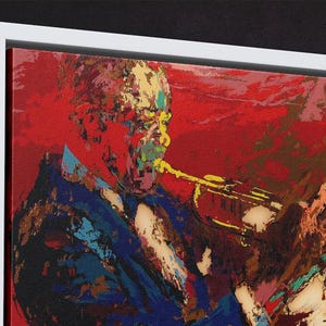 Pode incluir: Uma pintura abstrata colorida de uma pessoa tocando trompete. A pintura &eacute; feita em um estilo ousado com cores brilhantes e pinceladas grossas. A pessoa est&aacute; vestindo um terno azul e tem um fundo vermelho.