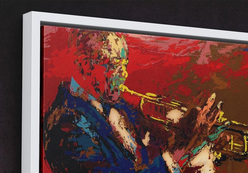 Pode incluir: Uma pintura abstrata colorida de uma pessoa tocando trompete. A pintura &eacute; feita em um estilo ousado com cores brilhantes e pinceladas grossas. A pessoa est&aacute; vestindo um terno azul e tem um fundo vermelho.