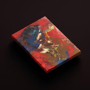 Pode incluir: Pintura abstrata de uma pessoa tocando trompete. A pintura &eacute; feita em uma variedade de cores, incluindo vermelho, azul, amarelo e marrom. A pessoa est&aacute; vestindo uma jaqueta azul e est&aacute; tocando trompete com a m&atilde;o direita. O fundo da pintura &eacute; um design abstrato vermelho e marrom.