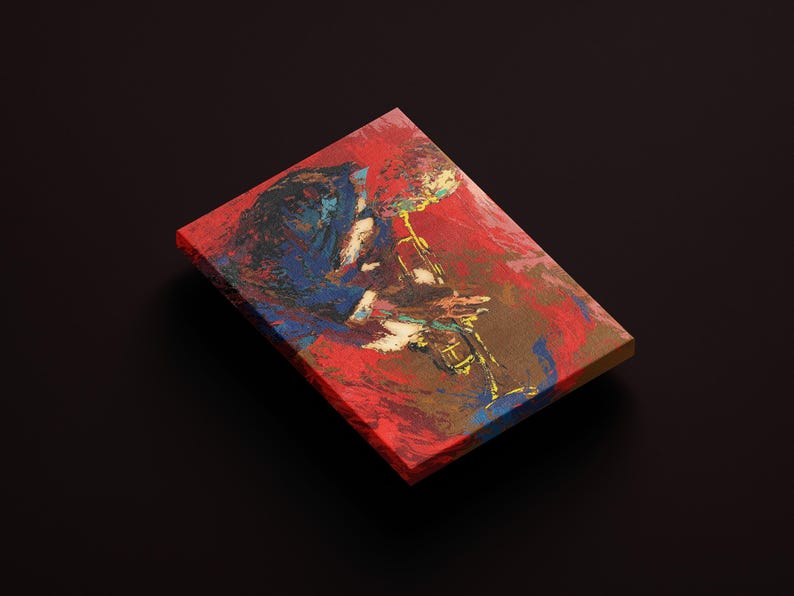 Pode incluir: Pintura abstrata de uma pessoa tocando trompete. A pintura &eacute; feita em uma variedade de cores, incluindo vermelho, azul, amarelo e marrom. A pessoa est&aacute; vestindo uma jaqueta azul e est&aacute; tocando trompete com a m&atilde;o direita. O fundo da pintura &eacute; um design abstrato vermelho e marrom.