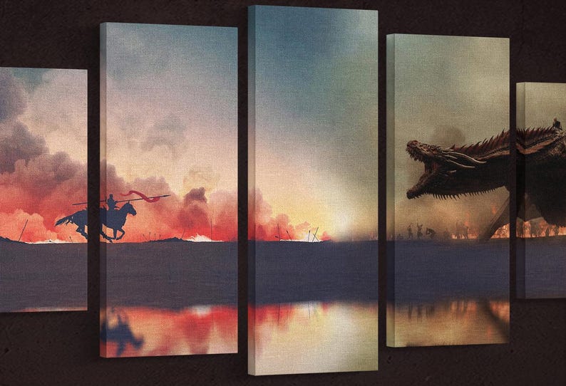 May include: A multi-panel canvas art print depicting a fiery sunset scene with a lone rider on horseback in the foreground. The right panel features a dragon emerging from the flames, creating a dramatic contrast.