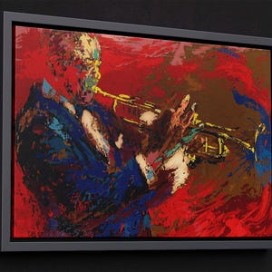 Pode incluir: Uma pintura abstrata colorida de uma pessoa tocando trompete. A pintura &eacute; feita em um estilo ousado com cores brilhantes e pinceladas grossas. A pessoa est&aacute; vestindo uma jaqueta azul e tocando trompete com a m&atilde;o direita. O fundo &eacute; vermelho e marrom.