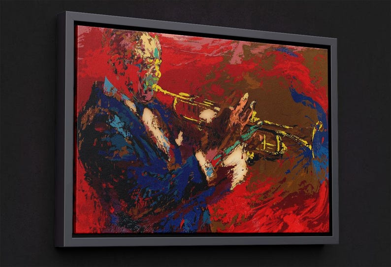 Pode incluir: Uma pintura abstrata colorida de uma pessoa tocando trompete. A pintura &eacute; feita em um estilo ousado com cores brilhantes e pinceladas grossas. A pessoa est&aacute; vestindo uma jaqueta azul e tocando trompete com a m&atilde;o direita. O fundo &eacute; vermelho e marrom.