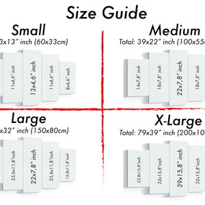 May include: Size guide for canvas prints, showing four different sizes: small (23x13 inches), medium (39x22 inches), large (59x32 inches), and x-large (79x39 inches).