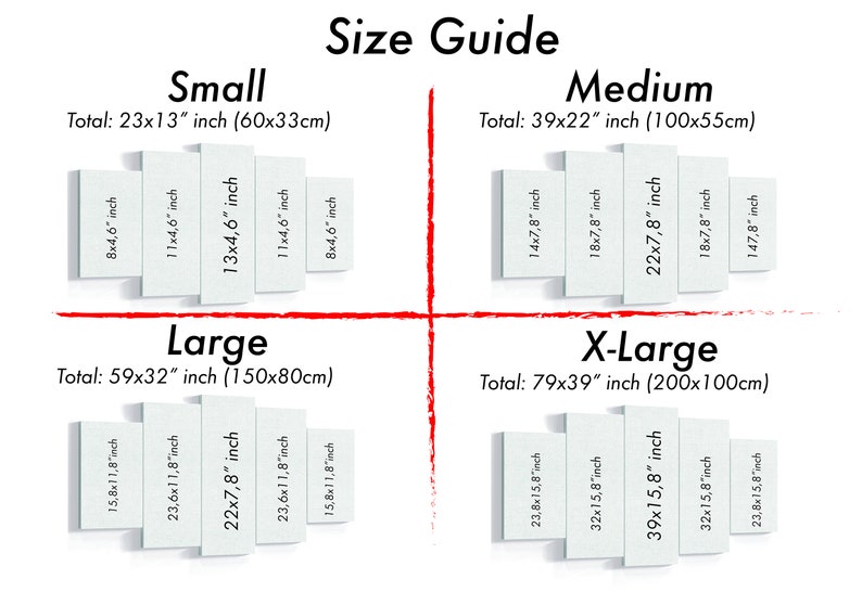 May include: Size guide for canvas prints, showing four different sizes: small (23x13 inches), medium (39x22 inches), large (59x32 inches), and x-large (79x39 inches).