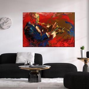 Pode incluir: Pintura abstrata de um homem tocando trompete. A pintura &eacute; feita em um estilo vibrante com respingos de tinta vermelha, azul, amarela e marrom. O homem est&aacute; vestindo uma jaqueta azul e tocando trompete com a m&atilde;o direita.