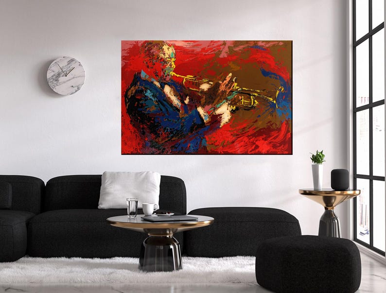 Pode incluir: Pintura abstrata de um homem tocando trompete. A pintura &eacute; feita em um estilo vibrante com respingos de tinta vermelha, azul, amarela e marrom. O homem est&aacute; vestindo uma jaqueta azul e tocando trompete com a m&atilde;o direita.