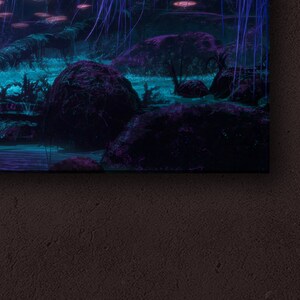 May include: A digital art print of a surreal landscape with glowing orbs and figures in the foreground. The scene is set in a forest with large rocks and a body of water.