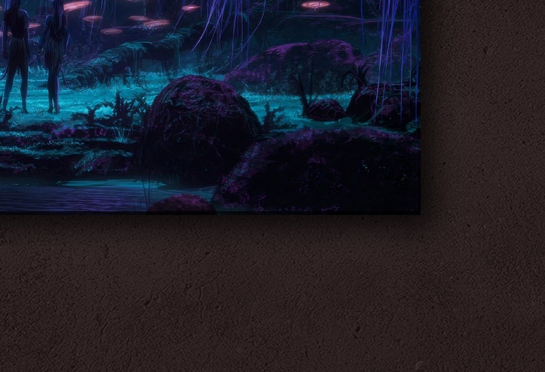 May include: A digital art print of a surreal landscape with glowing orbs and figures in the foreground. The scene is set in a forest with large rocks and a body of water.