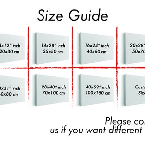 Puede incluir: Gu&iacute;a de tallas con dimensiones en pulgadas y cent&iacute;metros. Muestra tama&ntilde;os de lienzo: 8x12 pulgadas (20x30 cm), 14x28 pulgadas (35x50 cm), 16x24 pulgadas (40x60 cm), 20x28 pulgadas (50x70 cm), 24x31 pulgadas (60x80 cm), 28x40 pulgadas (70x100 cm), 40x59 pulgadas (100x150 cm) y una opci&oacute;n de tama&ntilde;o personalizado.