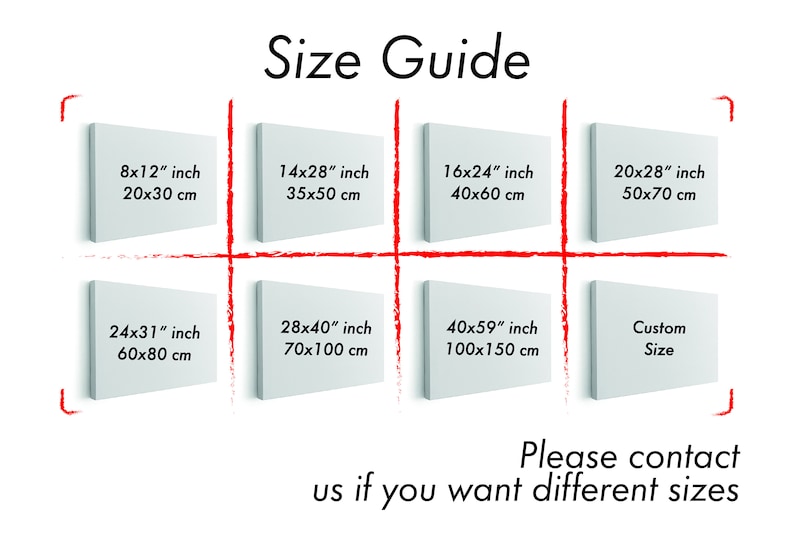 Puede incluir: Gu&iacute;a de tallas con dimensiones en pulgadas y cent&iacute;metros. Muestra tama&ntilde;os de lienzo: 8x12 pulgadas (20x30 cm), 14x28 pulgadas (35x50 cm), 16x24 pulgadas (40x60 cm), 20x28 pulgadas (50x70 cm), 24x31 pulgadas (60x80 cm), 28x40 pulgadas (70x100 cm), 40x59 pulgadas (100x150 cm) y una opci&oacute;n de tama&ntilde;o personalizado.