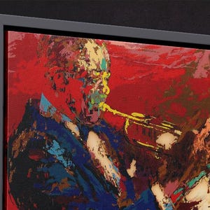 Pode incluir: Uma pintura abstrata colorida de uma pessoa tocando trompete. A pintura &eacute; feita em um estilo ousado com cores brilhantes e pinceladas grossas. A pessoa est&aacute; vestindo um terno azul e tocando trompete com a m&atilde;o direita. O fundo &eacute; vermelho e laranja.