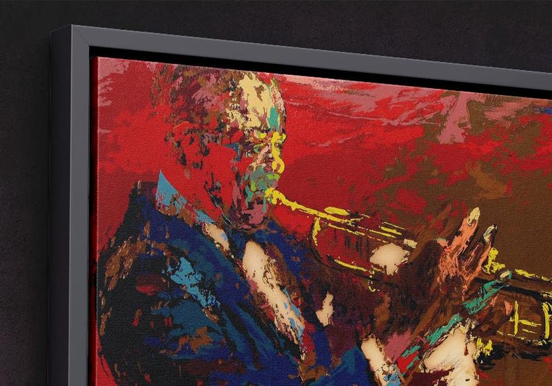 Pode incluir: Uma pintura abstrata colorida de uma pessoa tocando trompete. A pintura &eacute; feita em um estilo ousado com cores brilhantes e pinceladas grossas. A pessoa est&aacute; vestindo um terno azul e tocando trompete com a m&atilde;o direita. O fundo &eacute; vermelho e laranja.