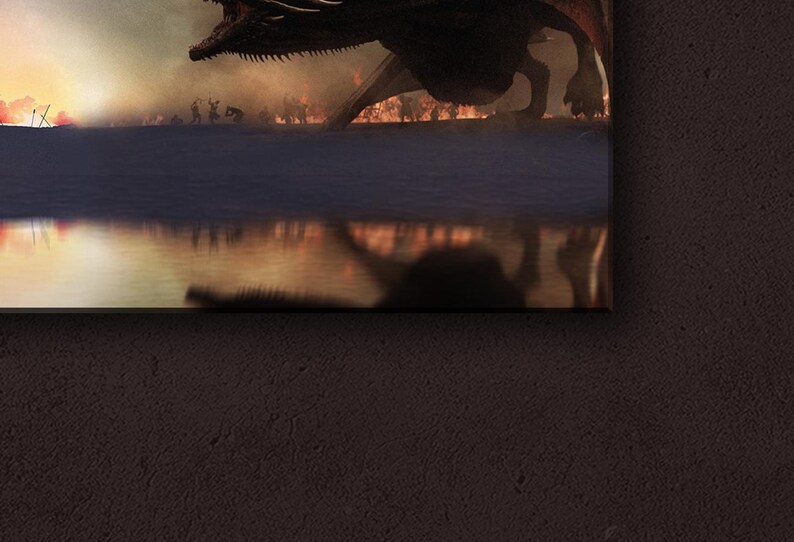 May include: A large, black dragon with red eyes and flames coming from its mouth, flying over a battlefield with soldiers and a lake reflecting the scene.