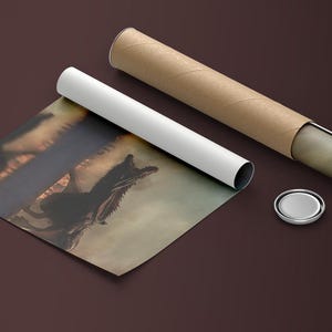 May include: A rolled up canvas print of a horse running through a field. The print is being unrolled from a cardboard tube. The print is on a brown surface.
