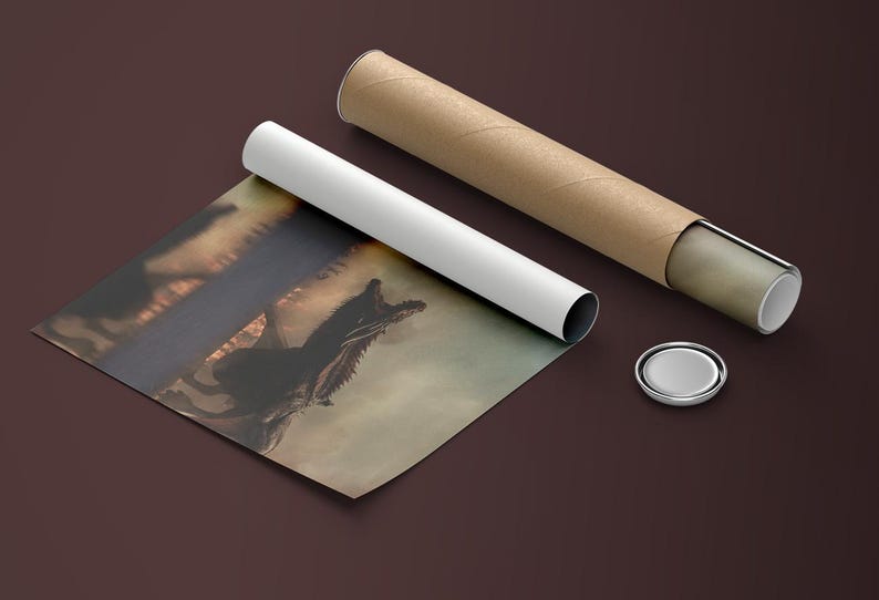 May include: A rolled up canvas print of a horse running through a field. The print is being unrolled from a cardboard tube. The print is on a brown surface.