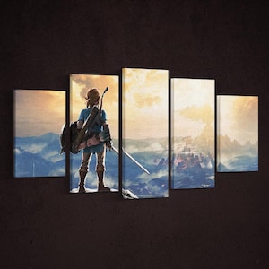 May include: A multi-panel canvas print depicting a video game character standing on a cliff overlooking a distant city. The character is wearing a blue tunic and brown pants, and is holding a sword and shield. The background is a colorful sunset sky with clouds and mountains.