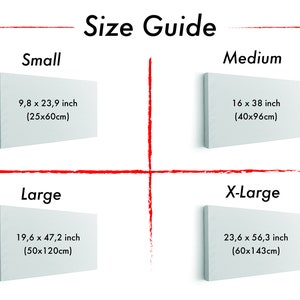 May include: Size guide for canvas prints with four different sizes: Small (9.8 x 23.9 inches), Medium (16 x 38 inches), Large (19.6 x 47.2 inches), and X-Large (23.6 x 56.3 inches).