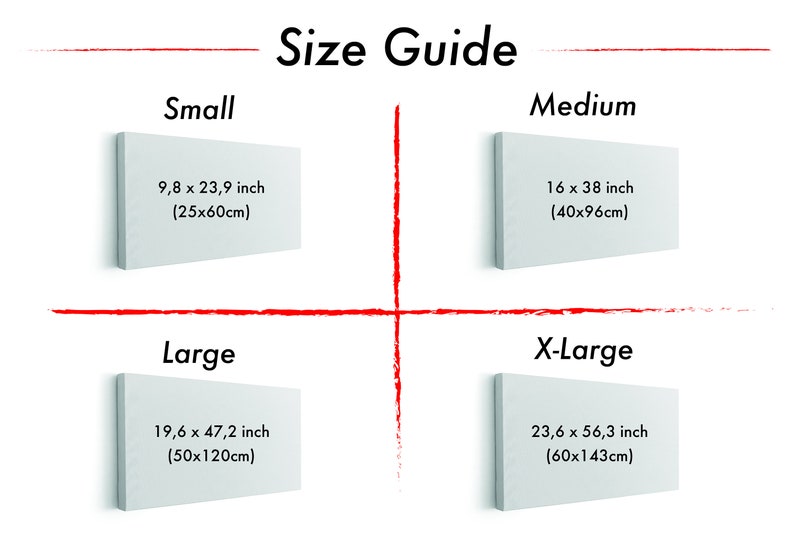 May include: Size guide for canvas prints with four different sizes: Small (9.8 x 23.9 inches), Medium (16 x 38 inches), Large (19.6 x 47.2 inches), and X-Large (23.6 x 56.3 inches).