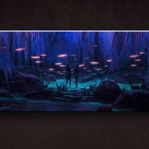 May include: Two figures stand in a bioluminescent forest, surrounded by glowing, bioluminescent plants and trees. The forest floor is covered in a layer of water, and the figures are silhouetted against the light.