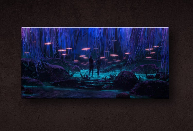 May include: Two figures stand in a bioluminescent forest, surrounded by glowing, bioluminescent plants and trees. The forest floor is covered in a layer of water, and the figures are silhouetted against the light.